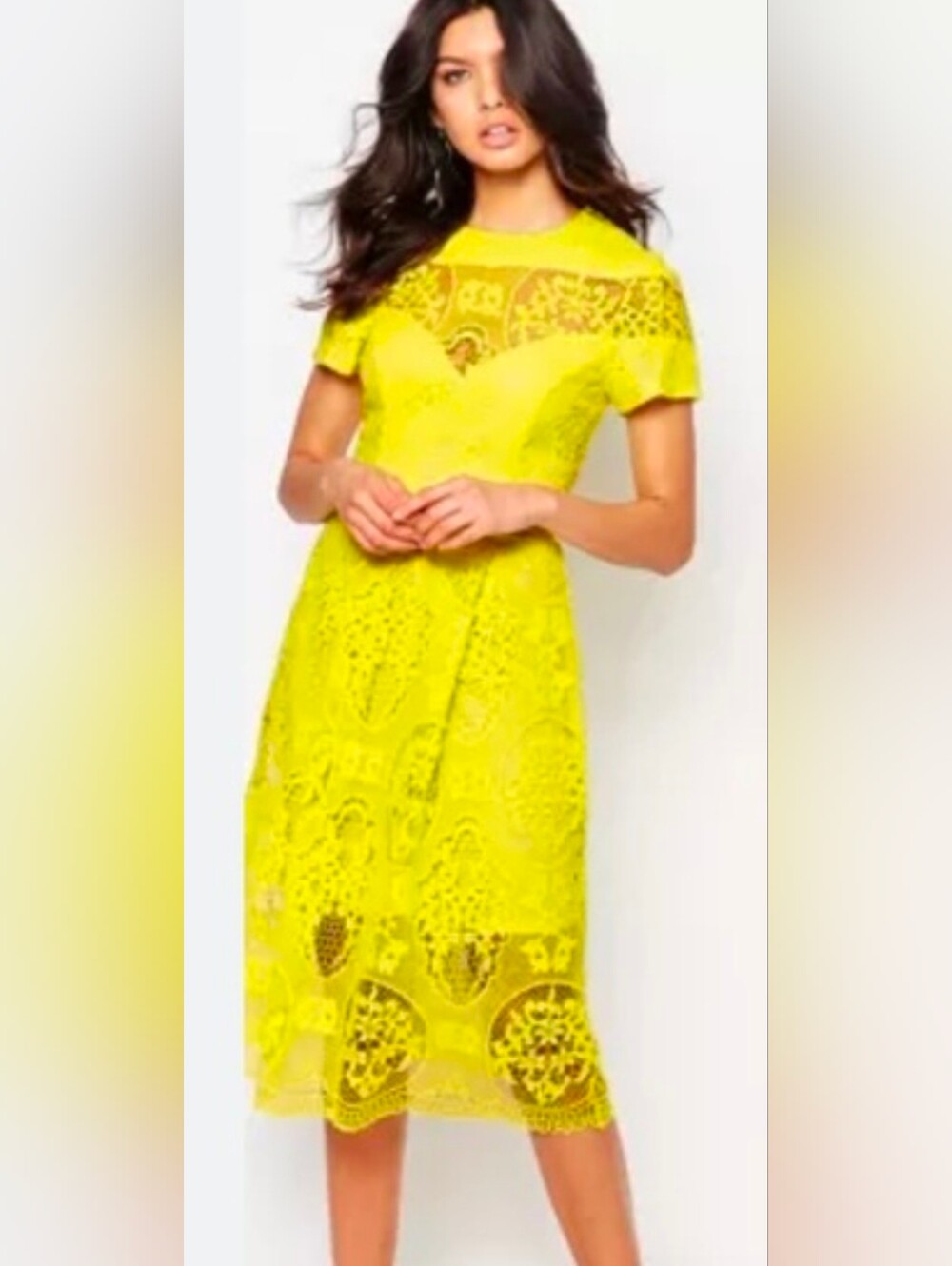 RIVER ISLAND Premium Lace Midi Dress Fit & Flare Yellow Short Sleeve Size US 4